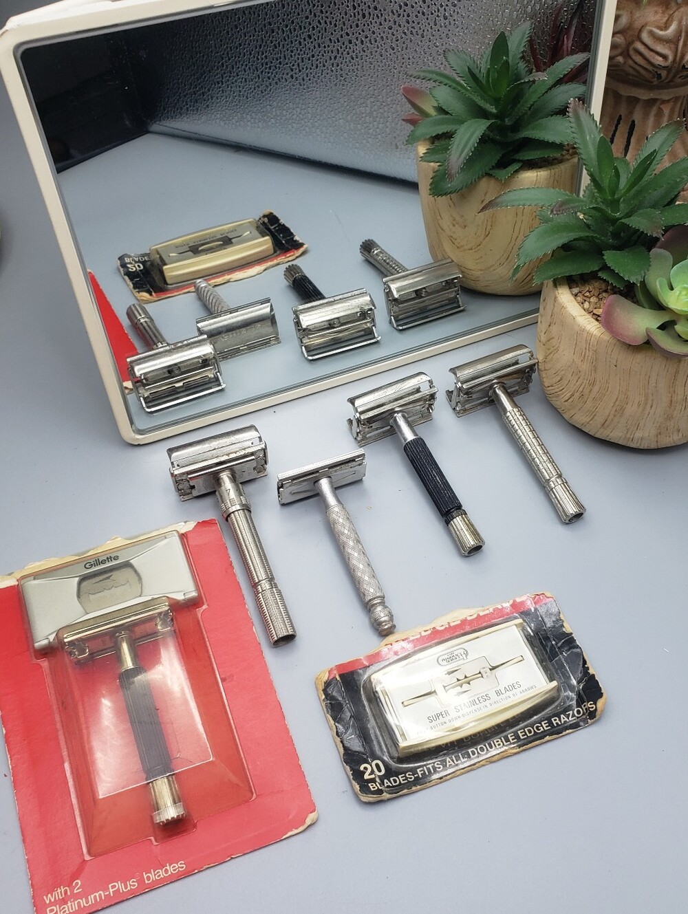 7pGillette Lot Razors & Blades Fat Boy Platinum Super Speed Mid-Century Vintage